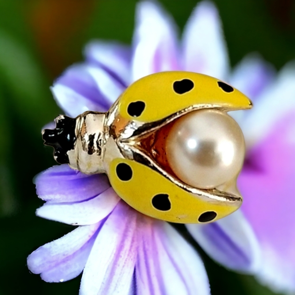Vintage Yellow Ladybug Faux Pearl Brooch Pin